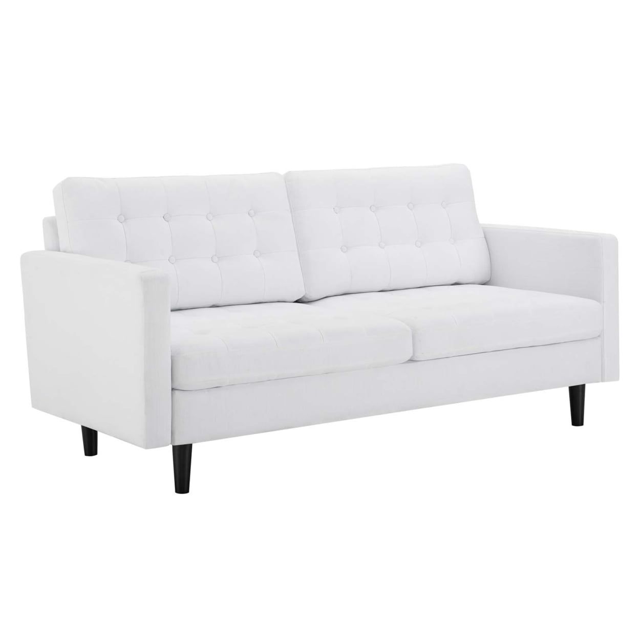 White Tufted Faux Leather Sofa with Wood Legs