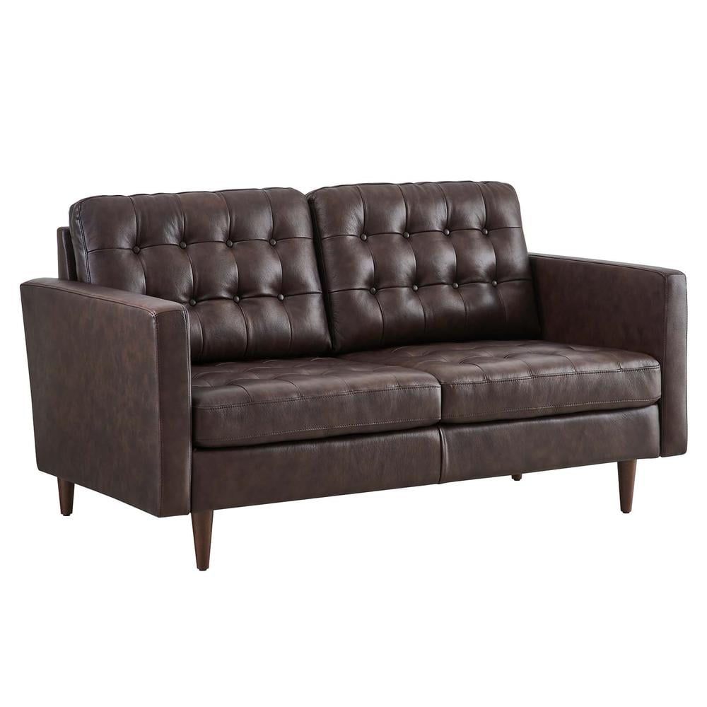 Brown Tufted Faux Leather Loveseat with Wood Legs