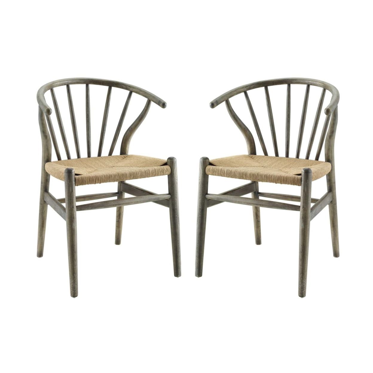 Gray Wood and Cane Spindle Dining Side Chair Set