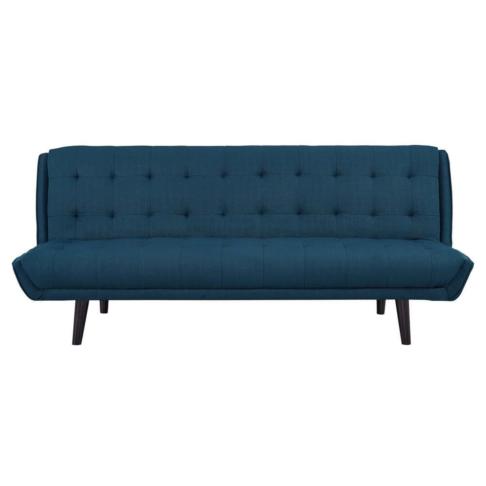 Mid-Century Modern Black Wood and Azure Fabric Tufted Sleeper Sofa