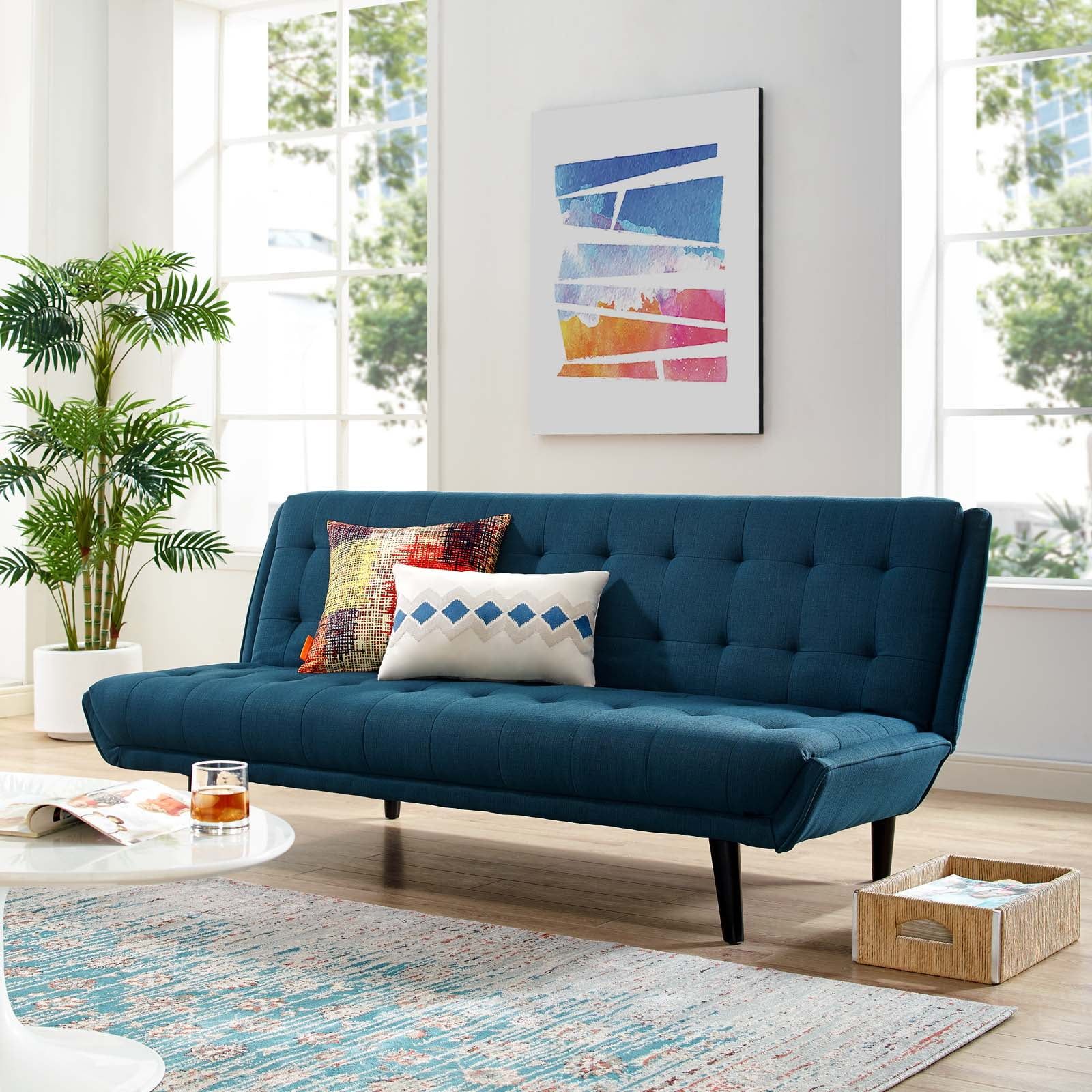 Mid-Century Modern Black Wood and Azure Fabric Tufted Sleeper Sofa