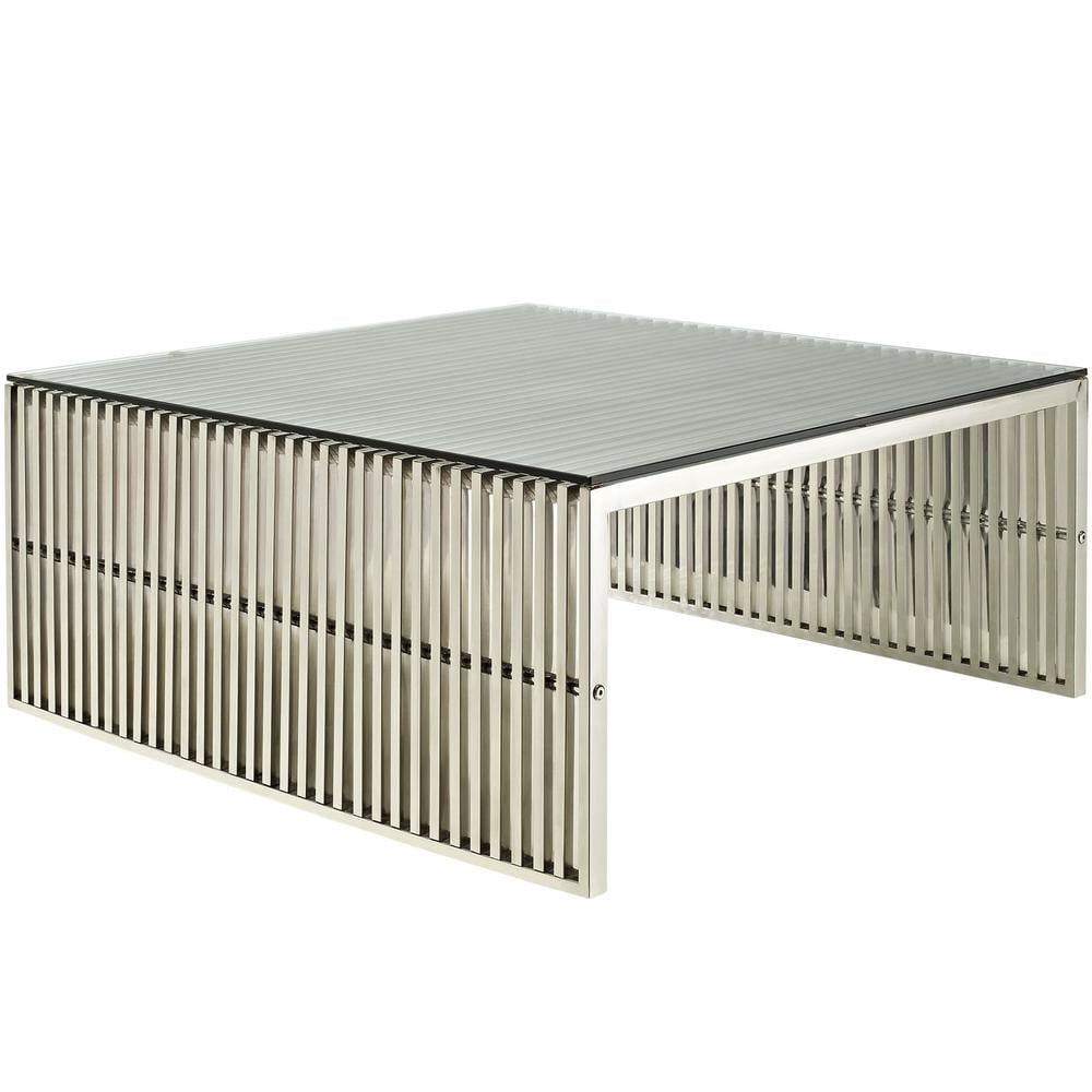 Gridiron 39.5" Square Stainless Steel and Glass Outdoor Coffee Table