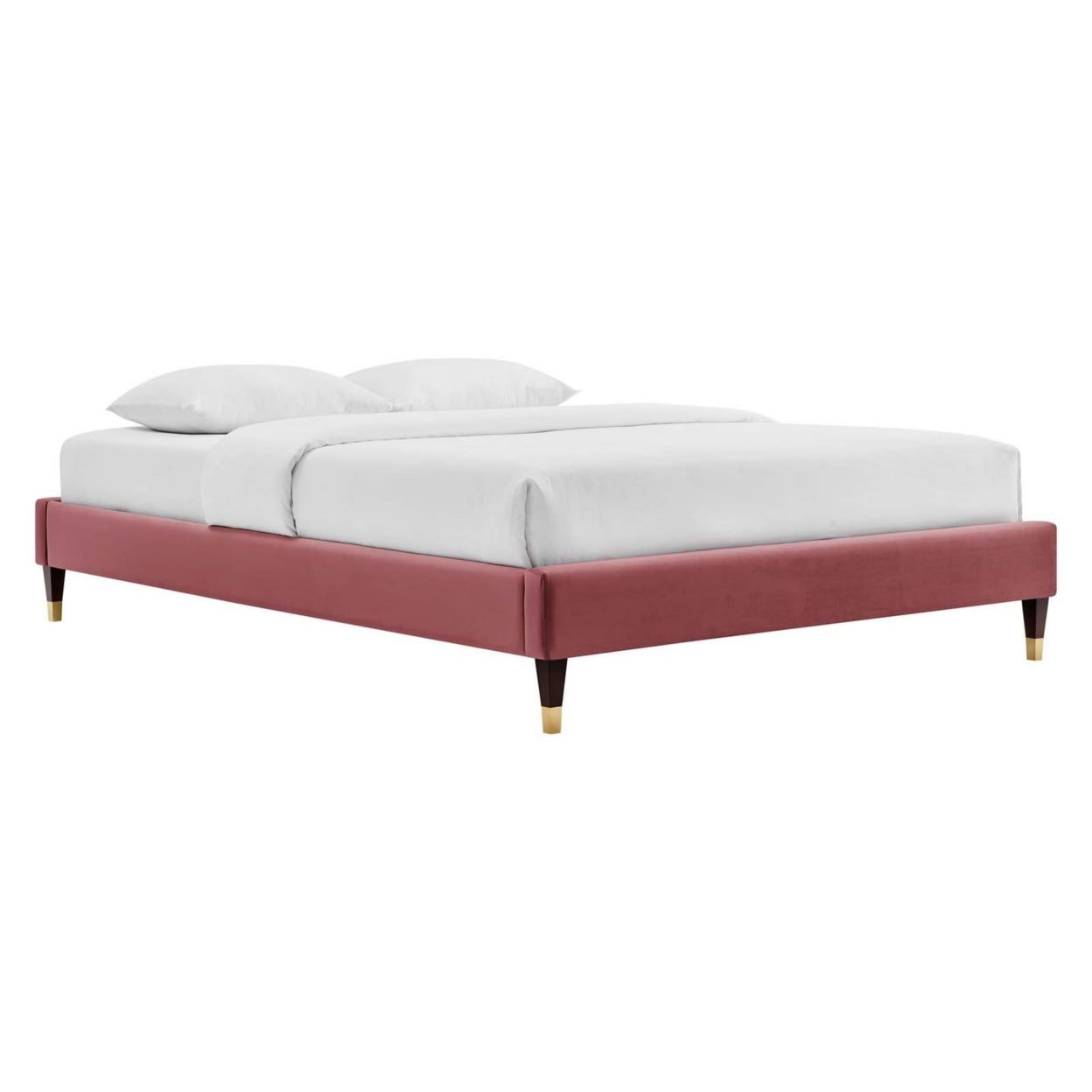 Dusty Rose Velvet Full Platform Bed Frame with Gold Accents