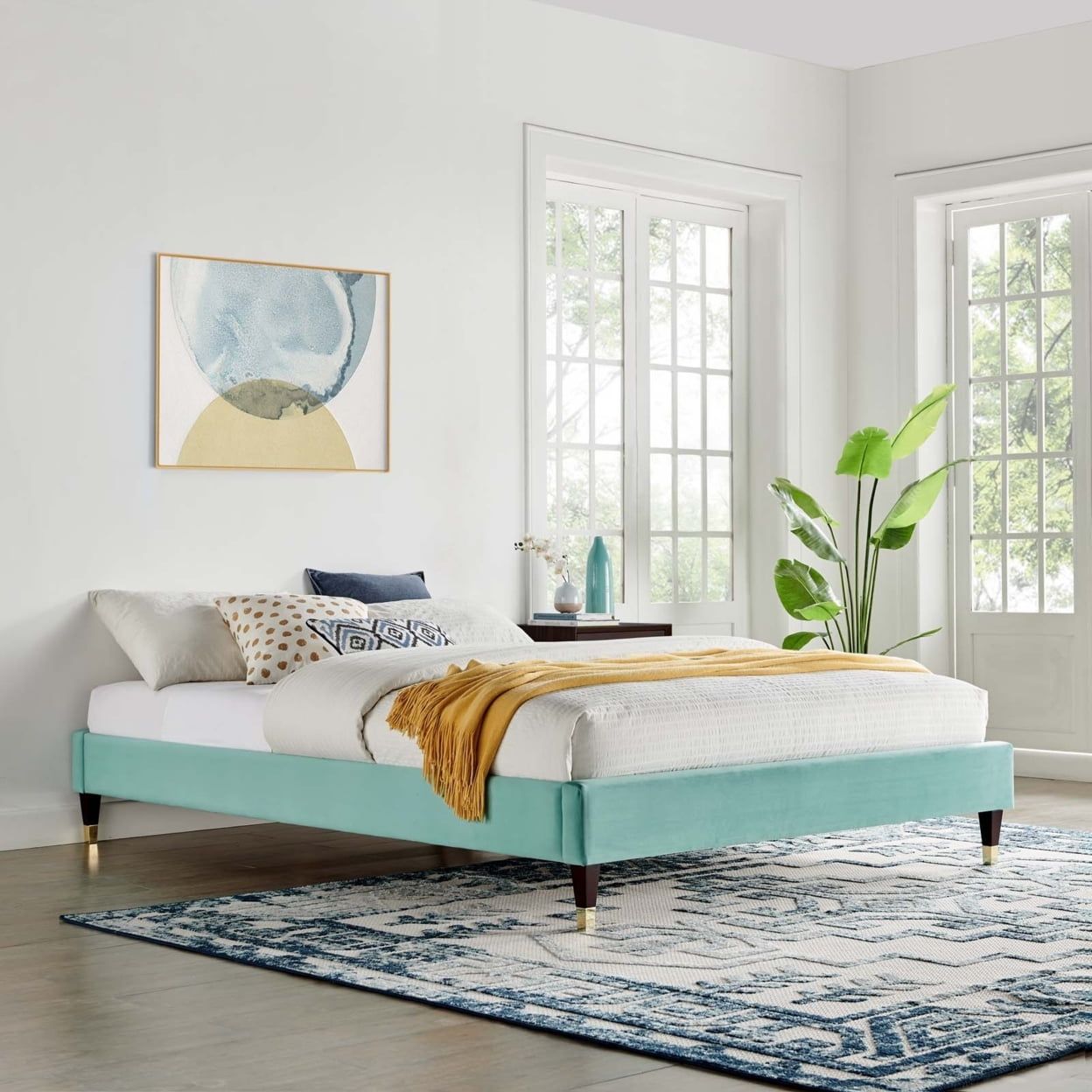 Harlow Glam Deco Aqua Performance Velvet Queen Bed Frame