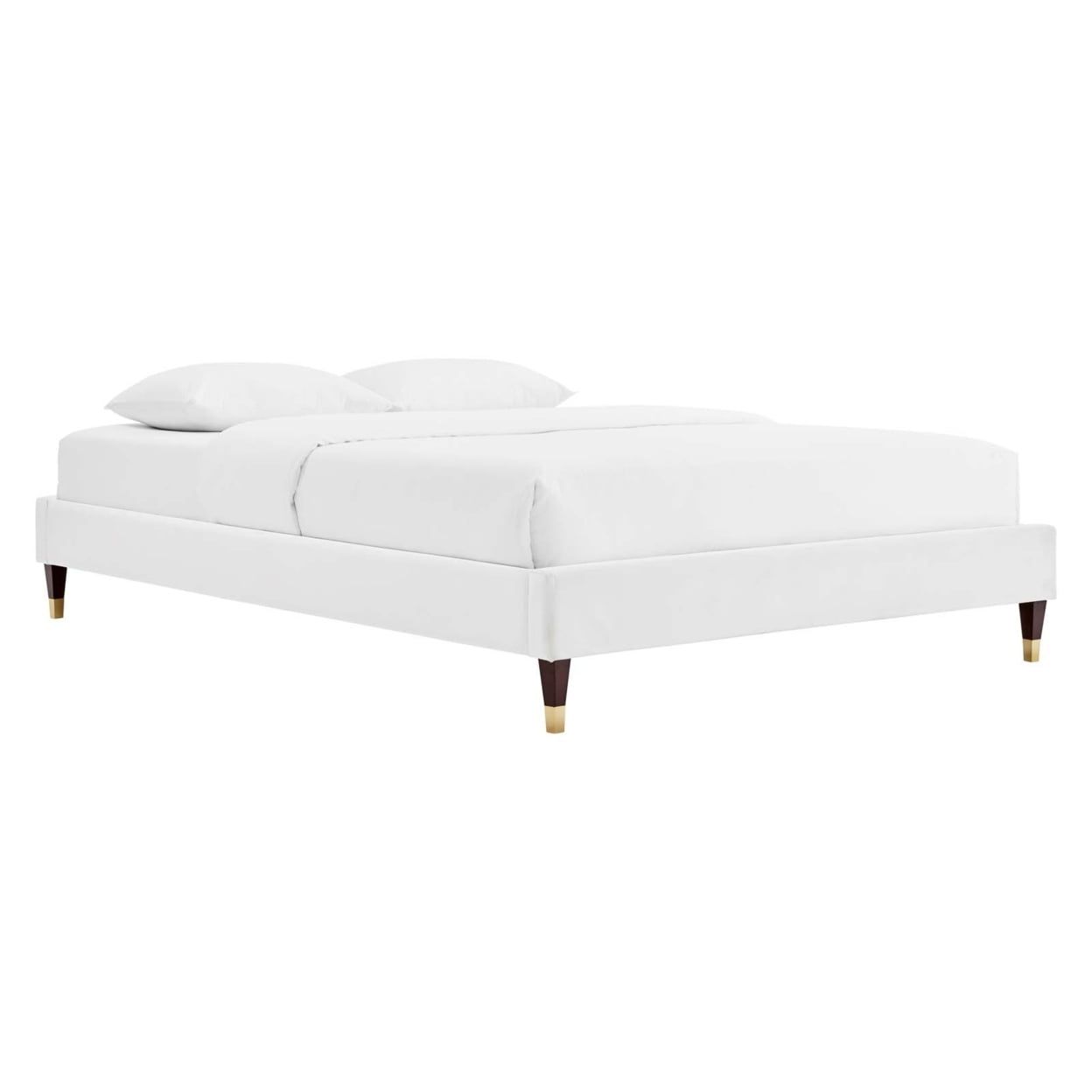 Deco Glam Queen Velvet Platform Bed with Wood Legs - White