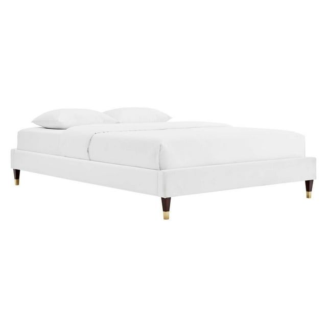Deco Glam Queen Velvet Platform Bed with Wood Legs - White