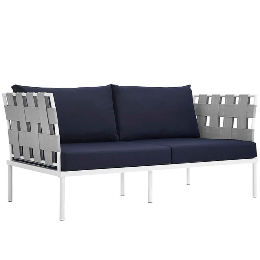 Harmony 64" White and Navy Metal Outdoor Loveseat