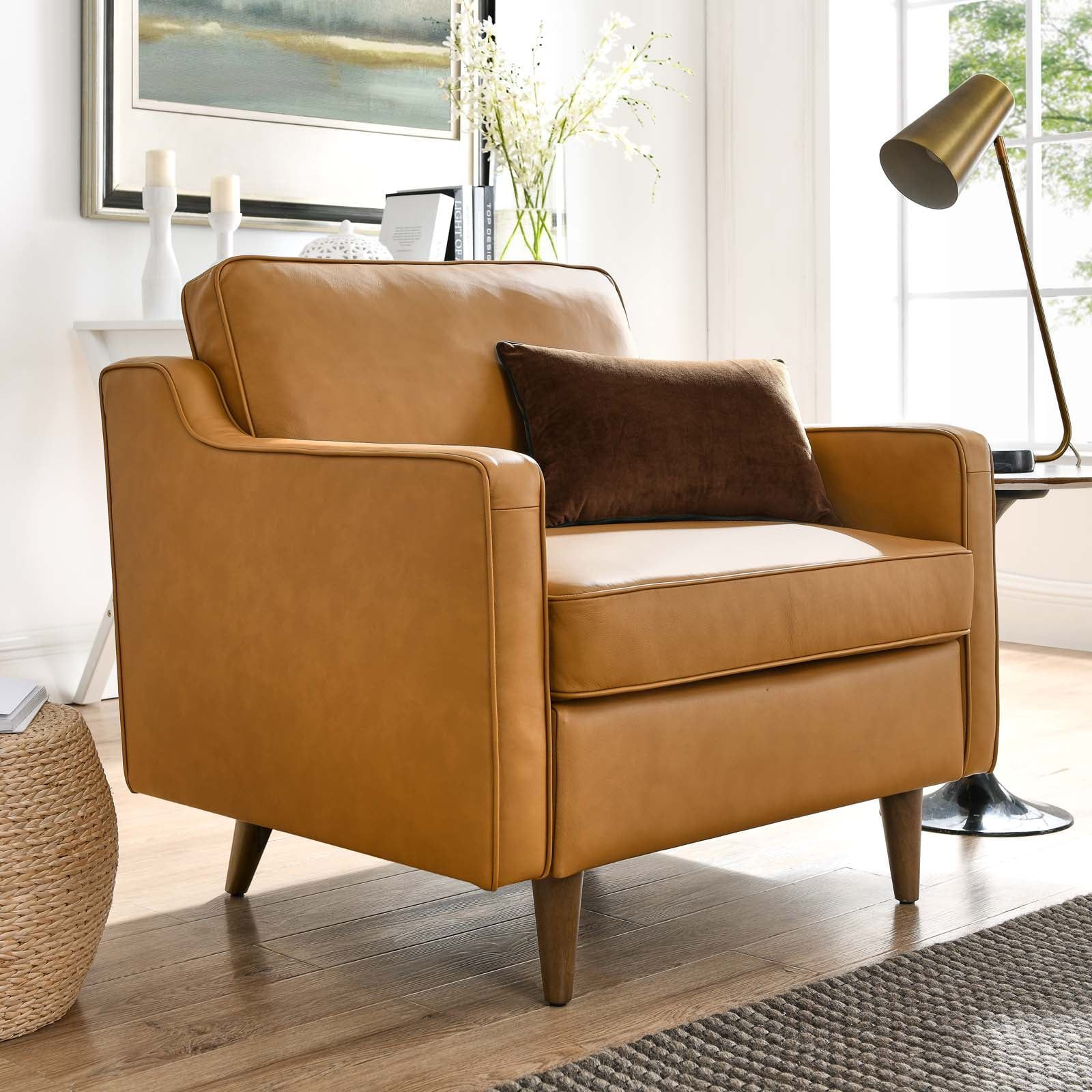 Tan Genuine Leather Mid-Century Modern Armchair