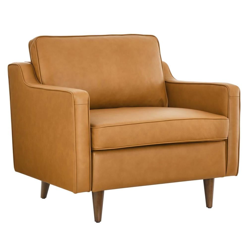 Tan Genuine Leather Mid-Century Modern Accent Chair