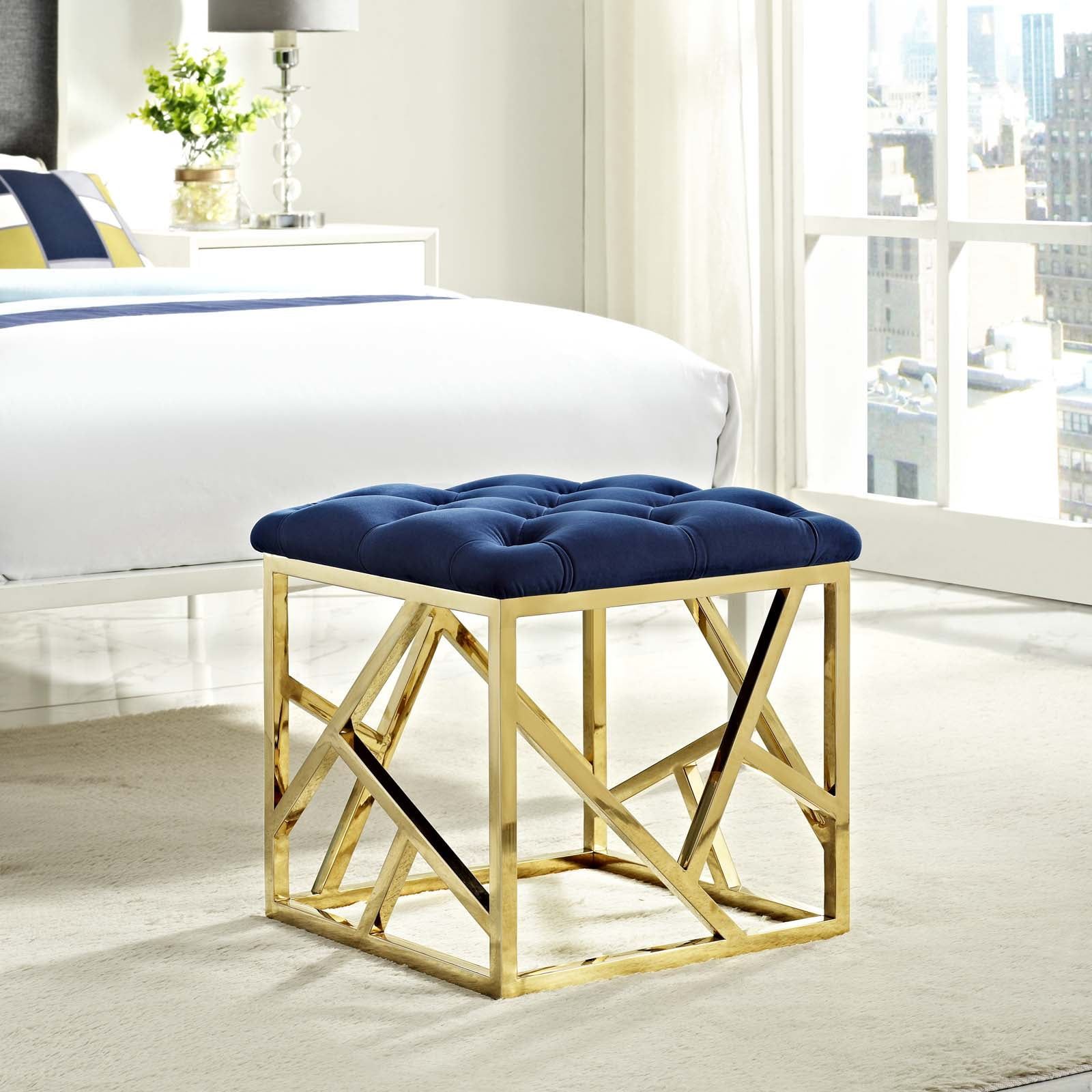 Navy Velvet Tufted Ottoman with Gold Stainless Steel Base