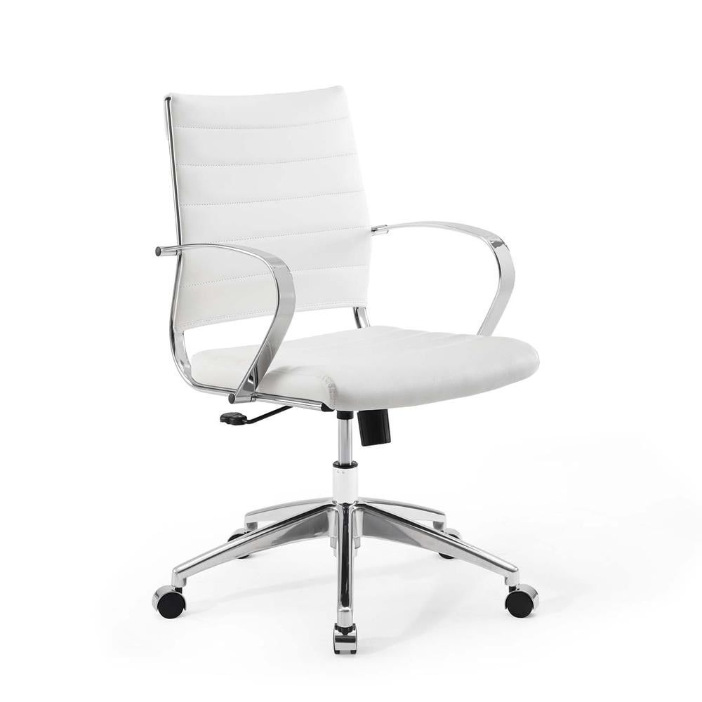 Modern White Faux Leather Mid-Back Office Swivel Chair with Chrome Base