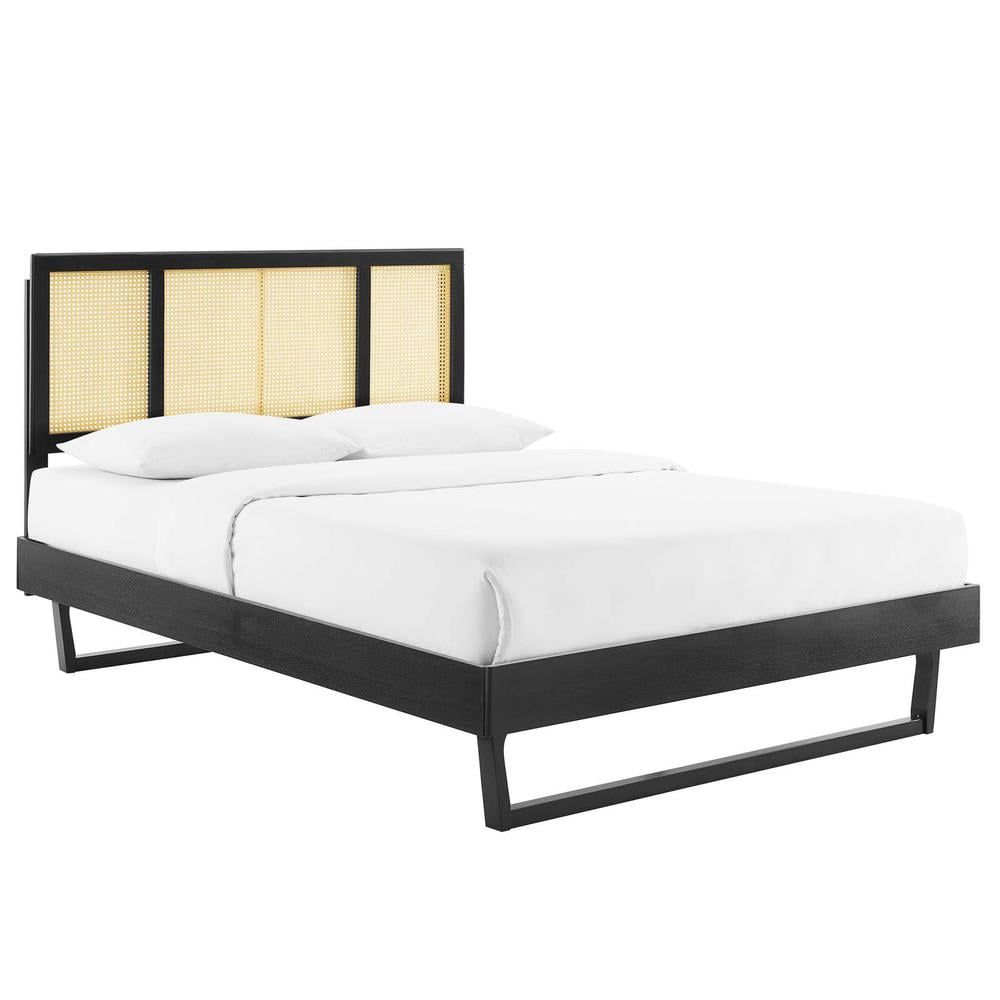 Black Cane and Wood King Platform Bed with Slats