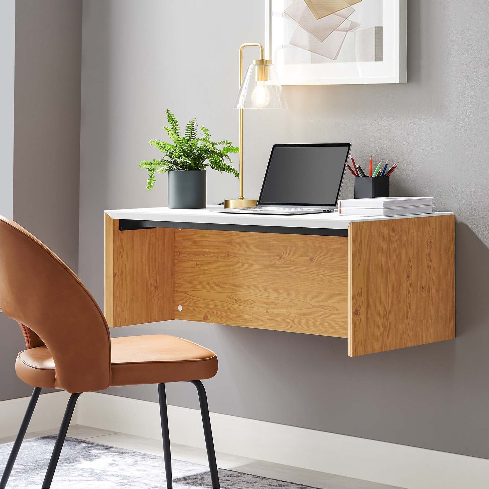 White Natural Wall-Mounted 38" Wood Office Desk