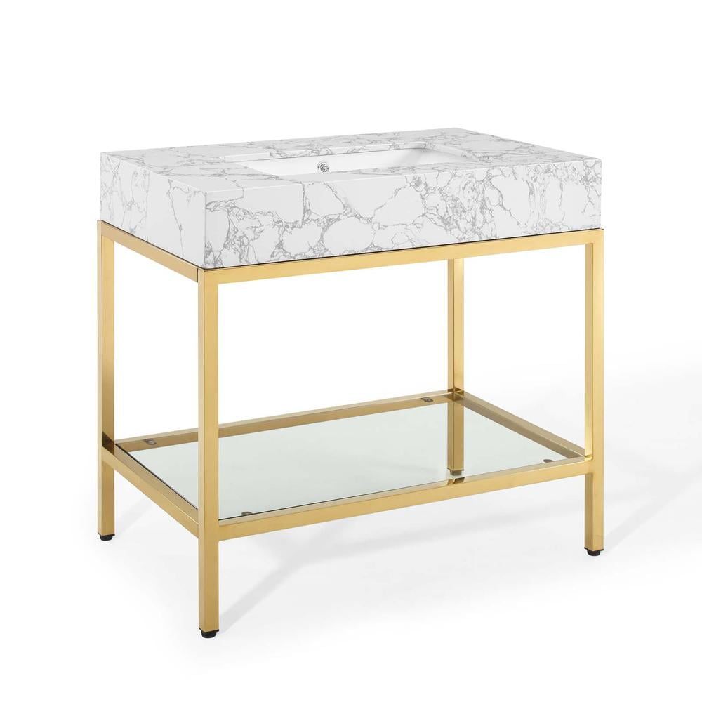 Kingsley 36" Gold White Stainless Steel Marble Bathroom Vanity