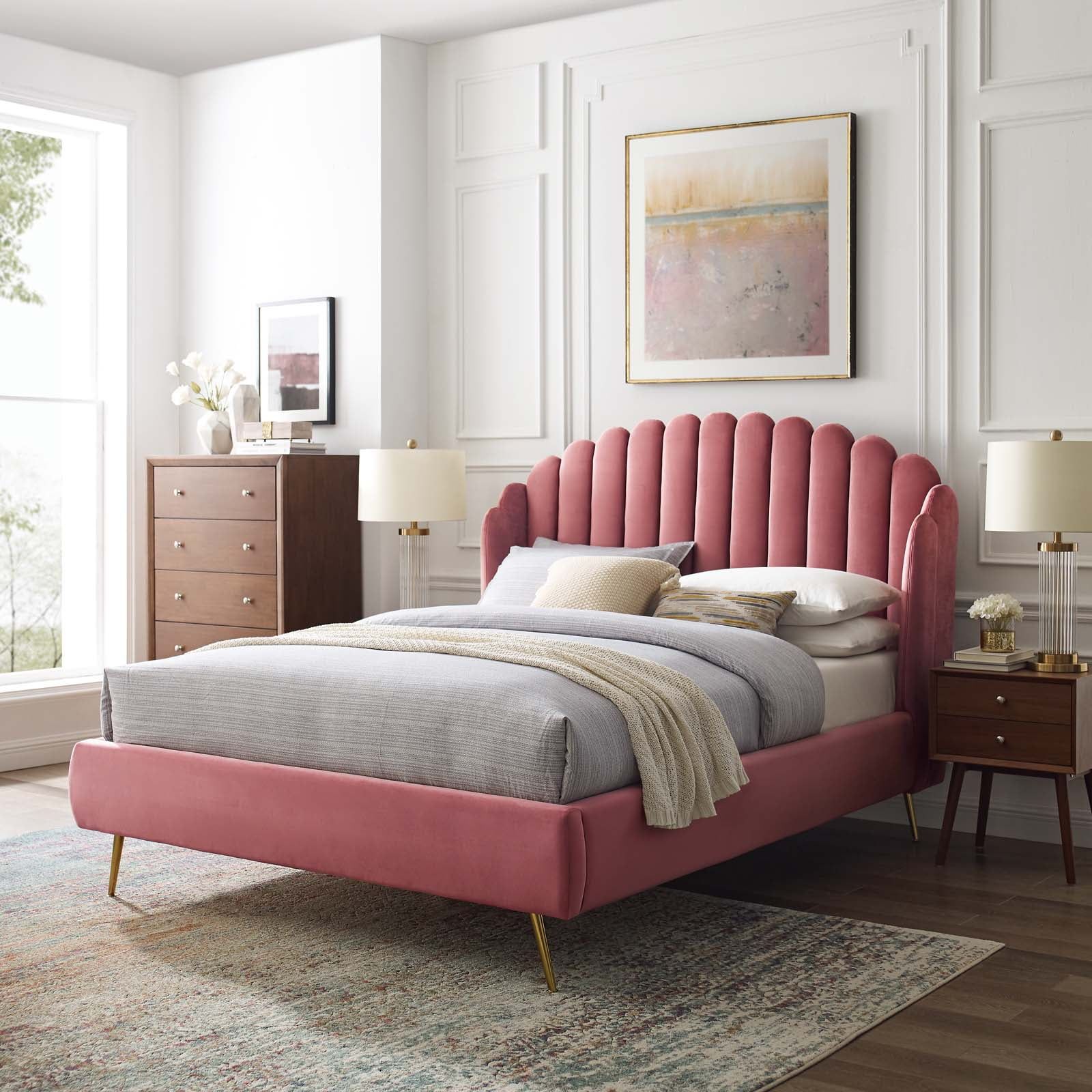 Dusty Rose Velvet Queen Wingback Platform Bed with Tufted Headboard