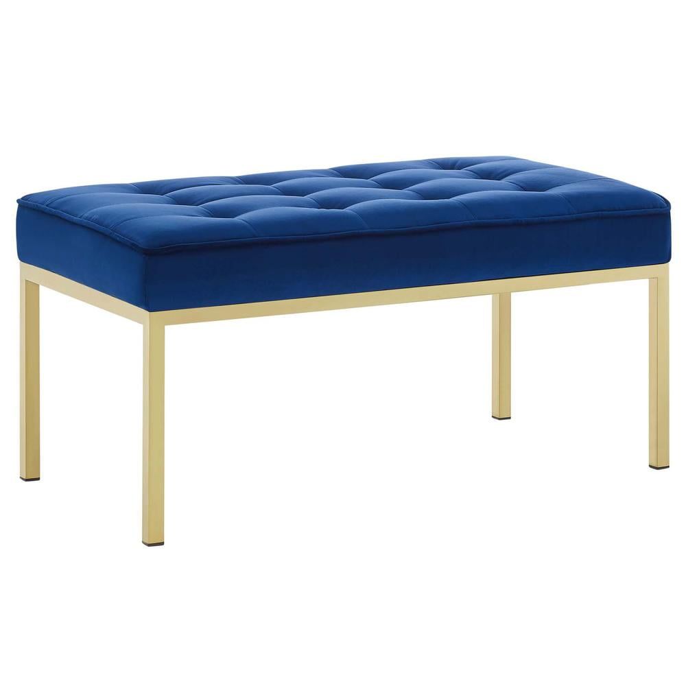 Mid-Century Gold Stainless Steel & Navy Velvet Bench - 34"