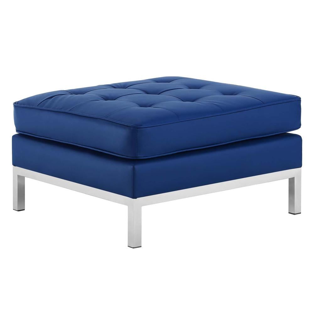 Silver Navy Tufted Faux Leather Ottoman with Stainless Steel Legs