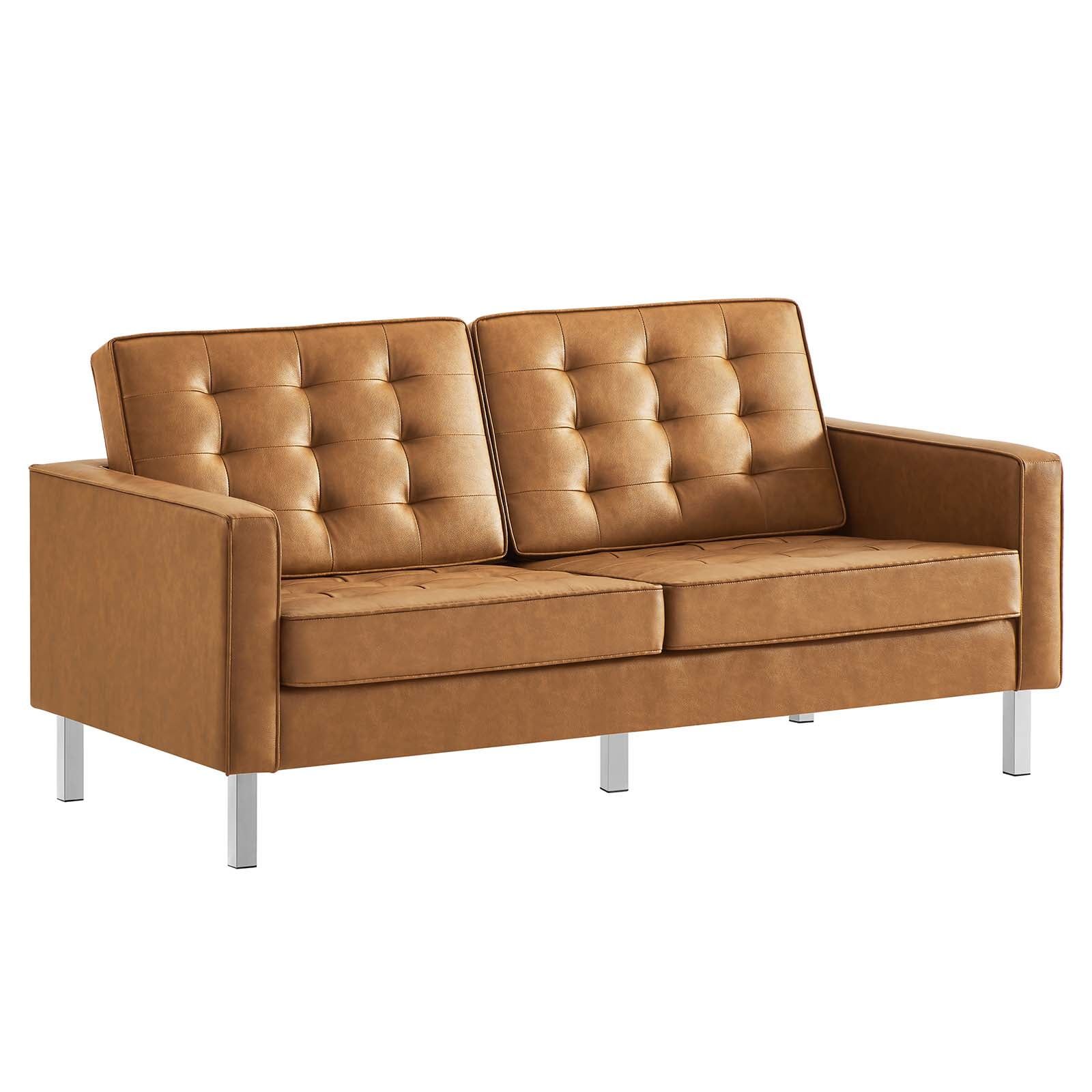 Silver Tan Tufted Faux Leather Loveseat with Metal Legs