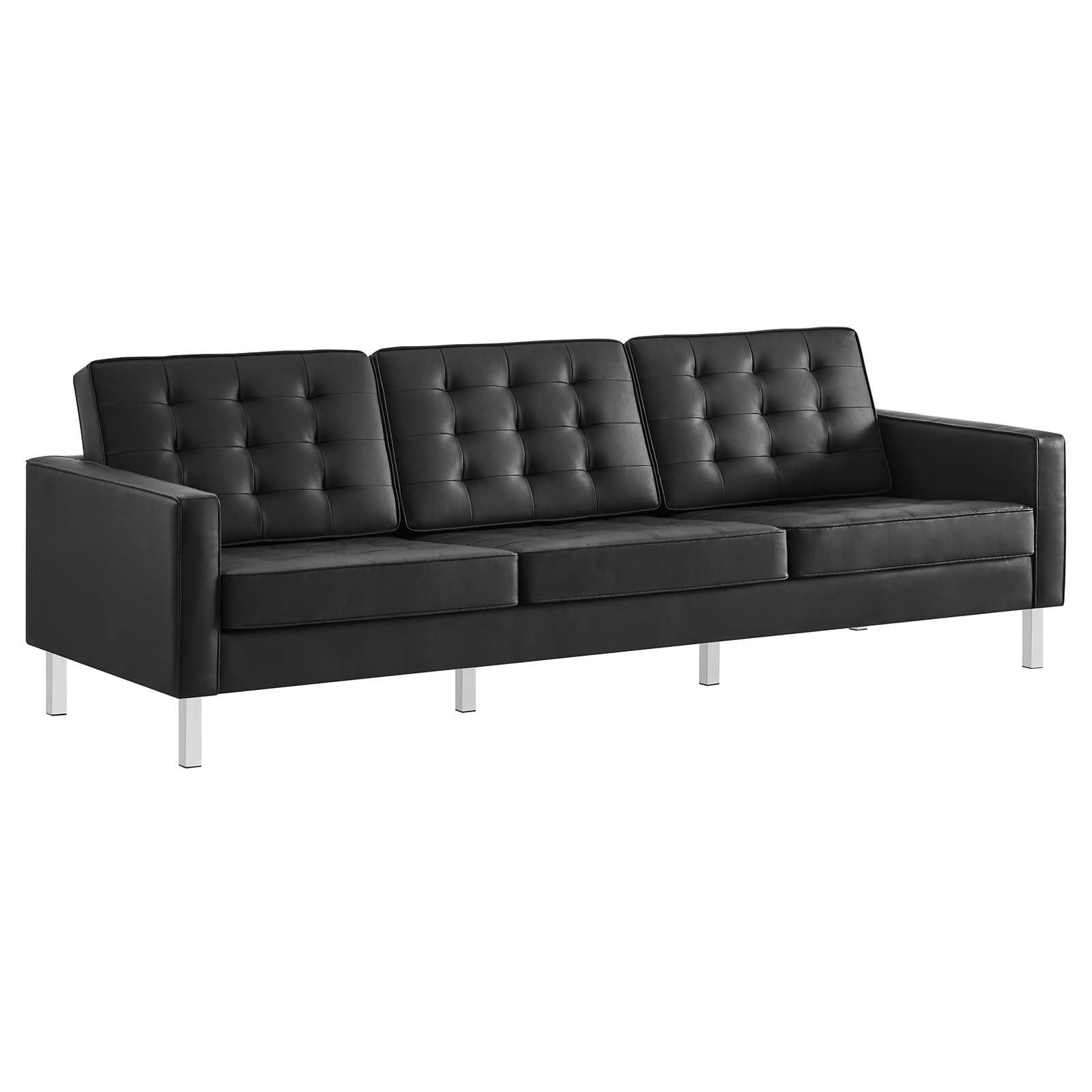 Silver Black Tufted Faux Leather Reception Sofa with Metal Legs