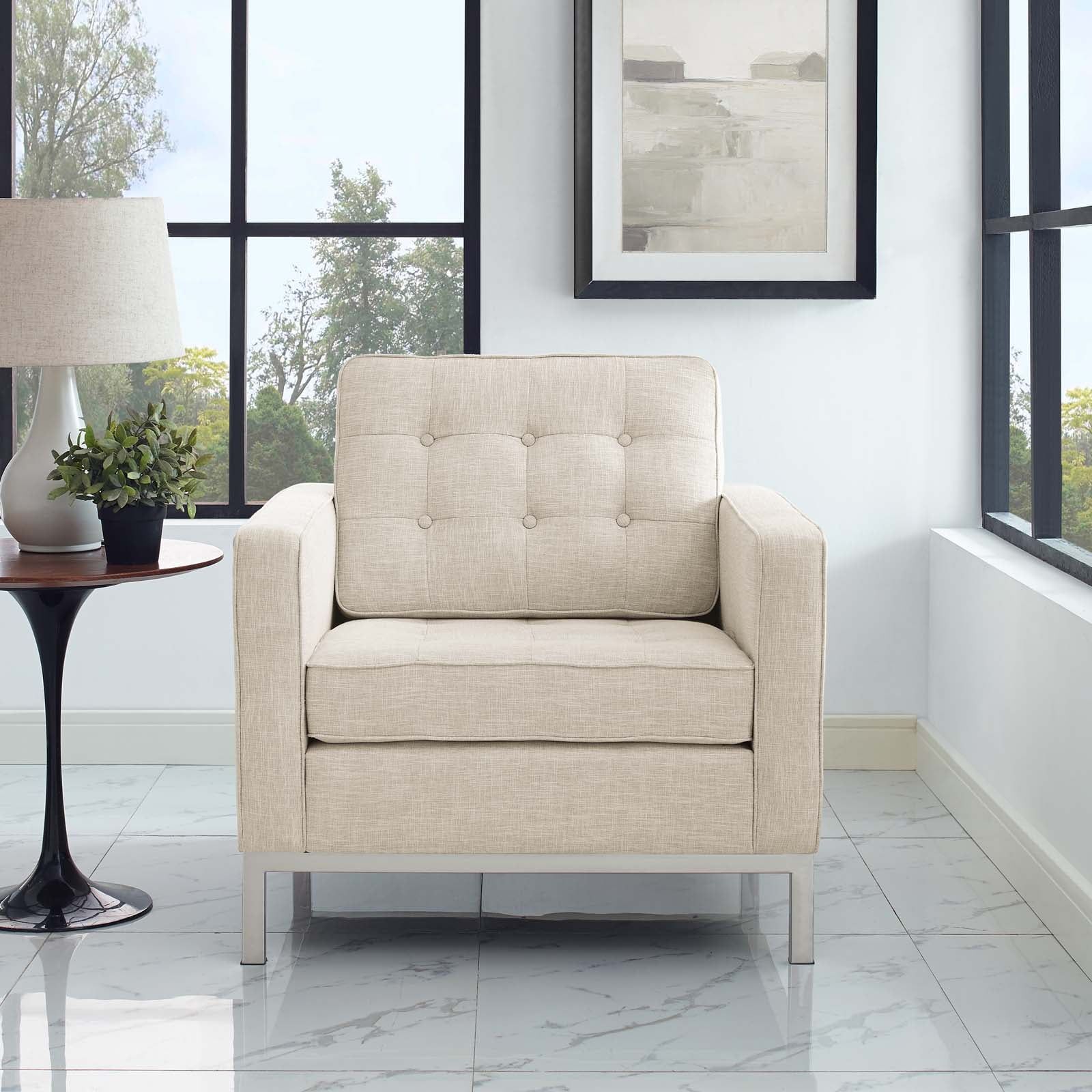 Mid-Century Modern Beige Fabric Armchair with Stainless Steel Frame