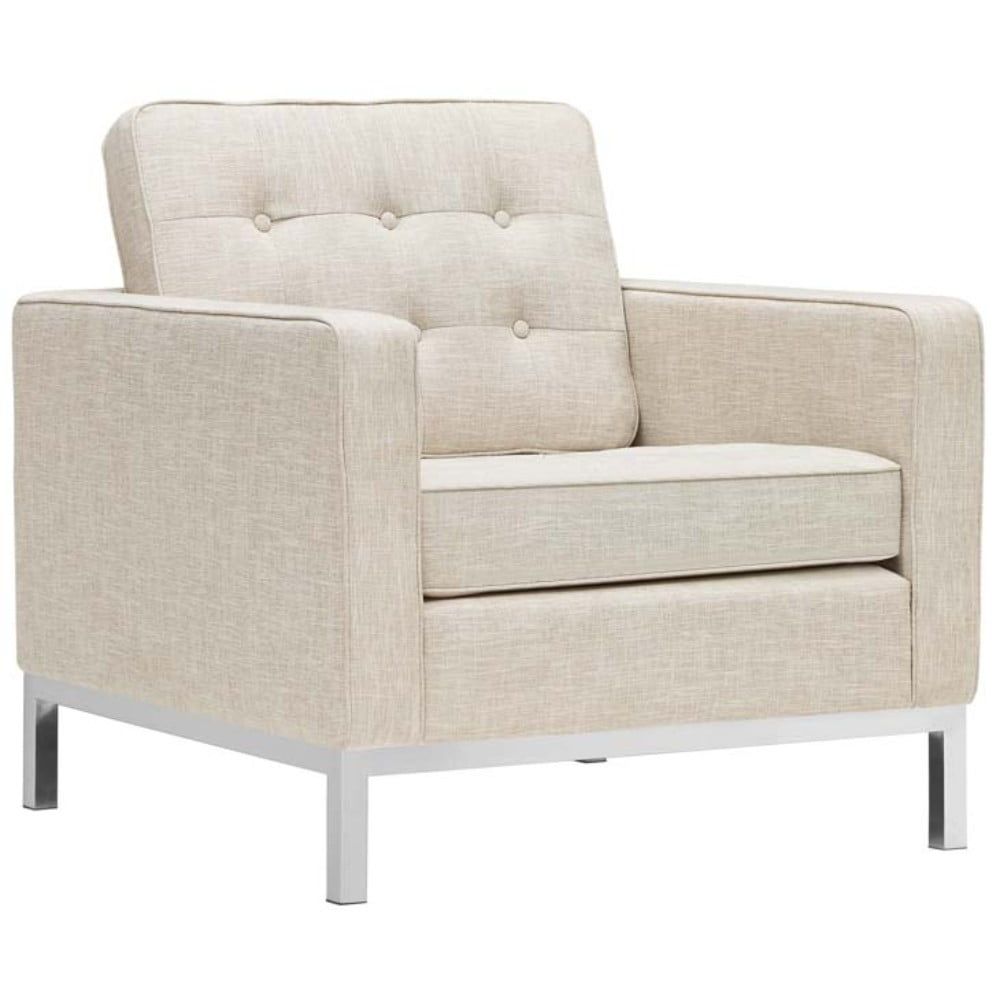 Mid-Century Modern Beige Fabric Armchair with Stainless Steel Frame