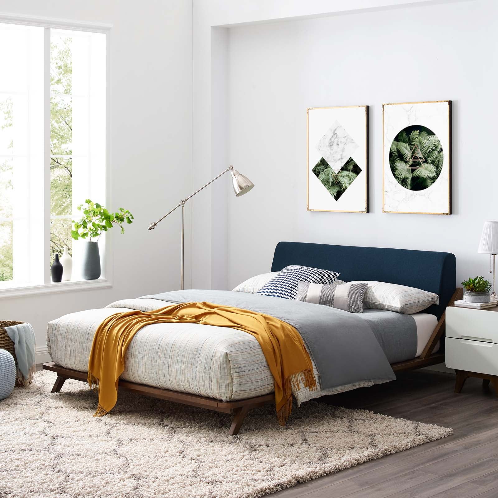 Luella Mid-Century Queen Platform Bed in Walnut Blue with Upholstered Headboard