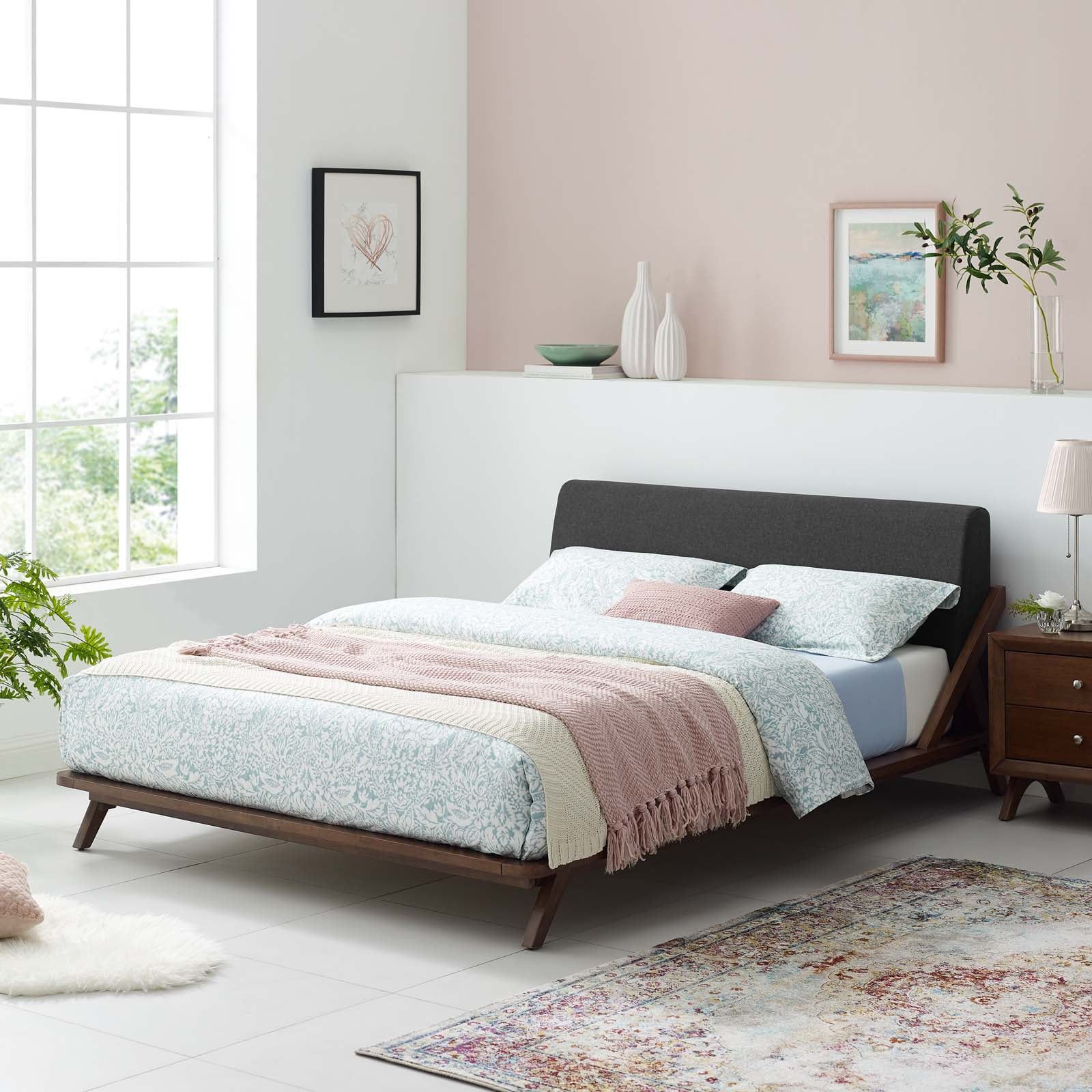 Luella Mid-Century Queen Platform Bed with Upholstered Headboard