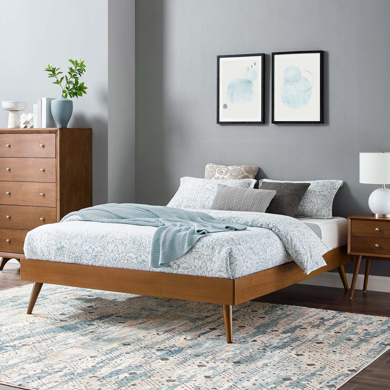 Mid-Century Walnut Wood King Platform Bed with Upholstered Headboard