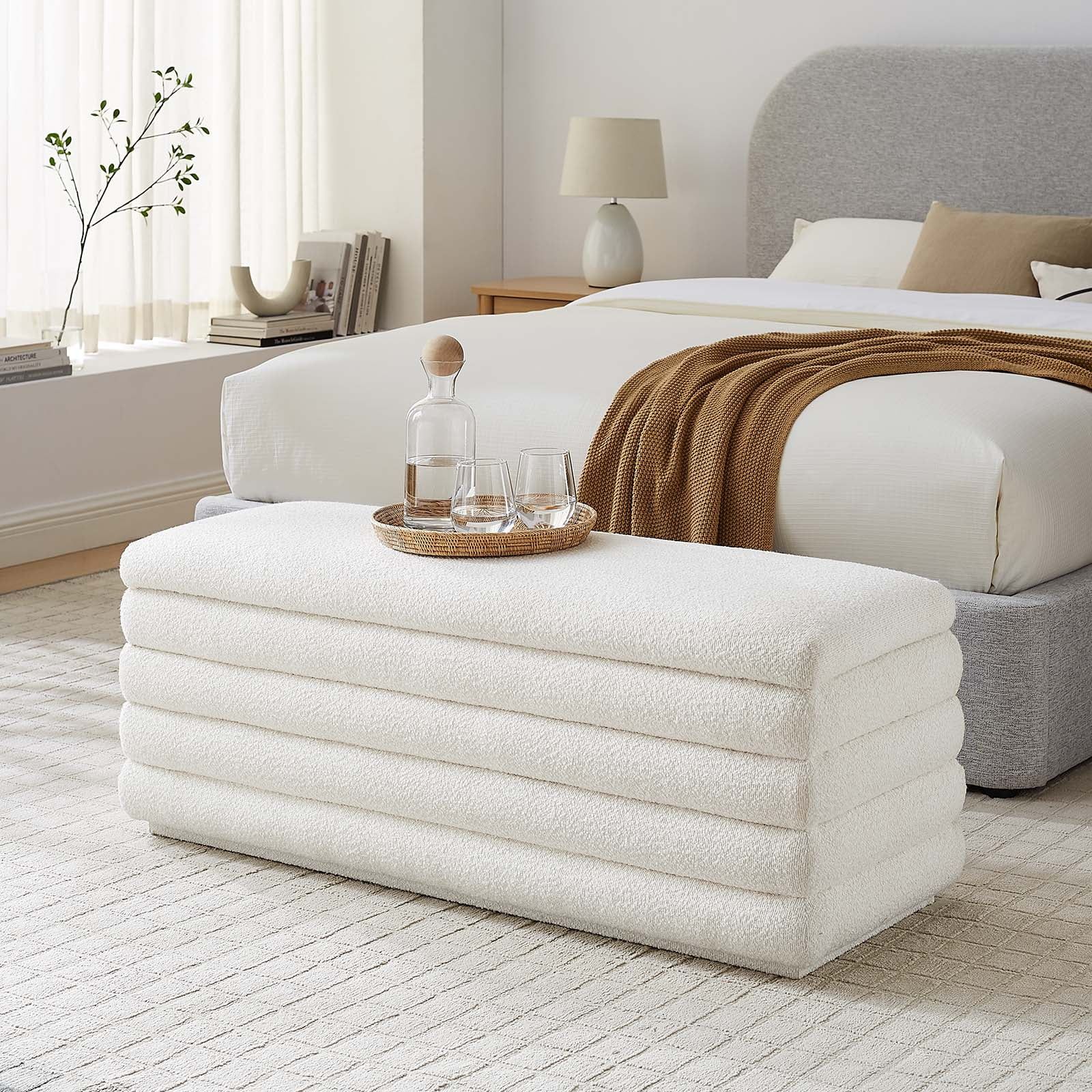 Cloud Boucle Upholstered Storage Bench with Channel Tufting