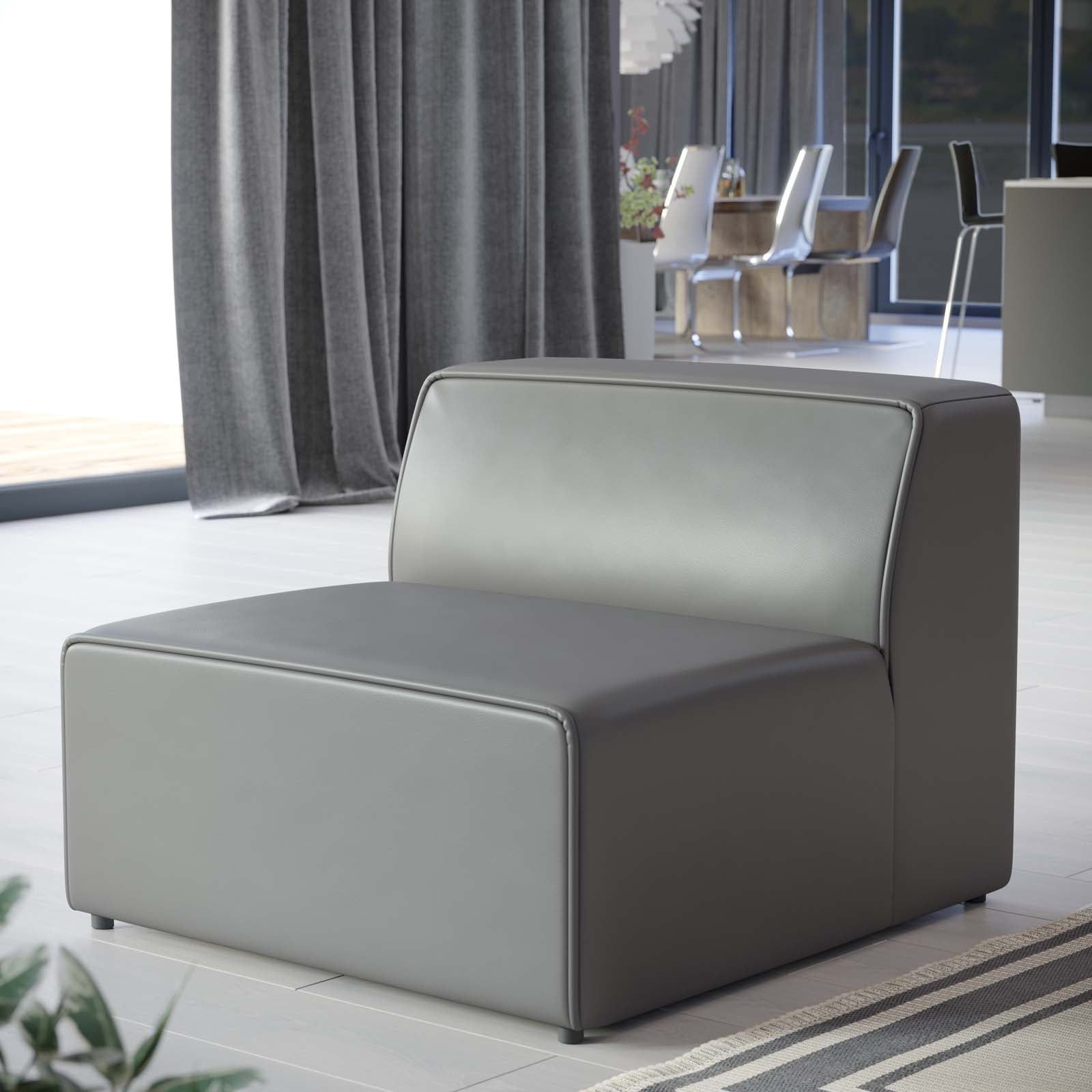 Gray Faux Leather Armless Chair with Elegant Piping