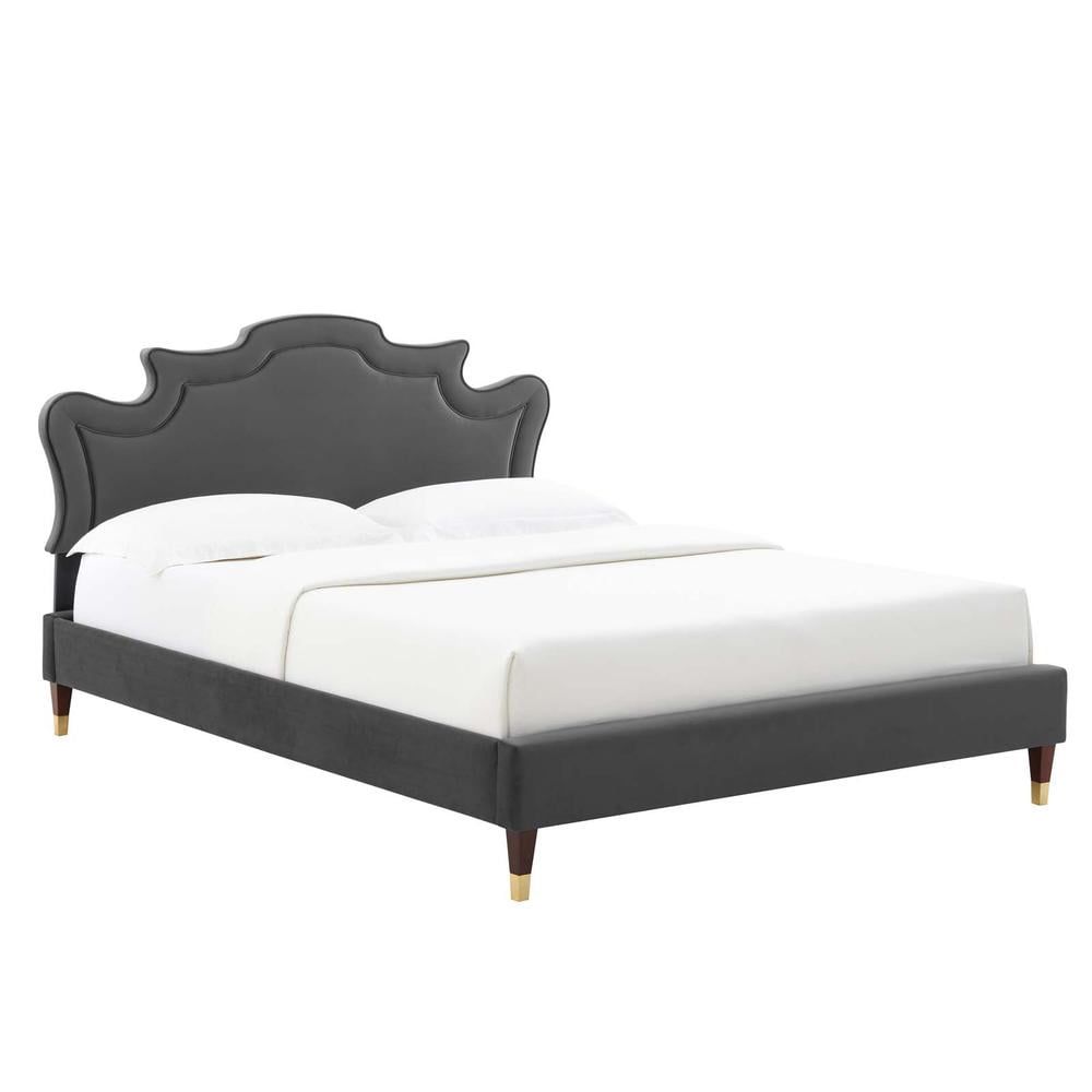 Luxe Charcoal Velvet Queen Bed with Upholstered Headboard