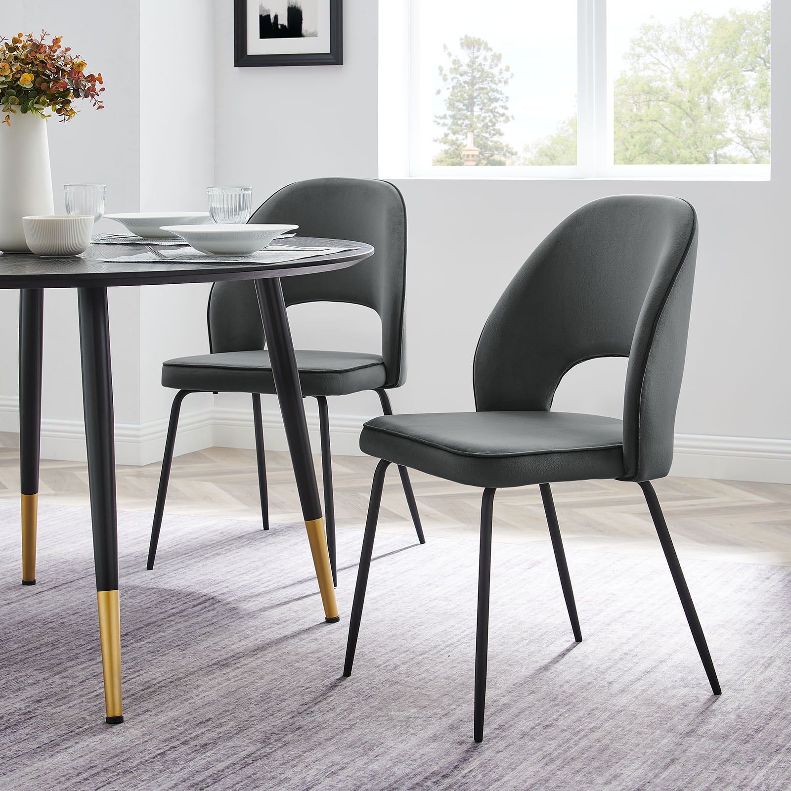 Black Gray Velvet Upholstered Side Chair with Metal Frame