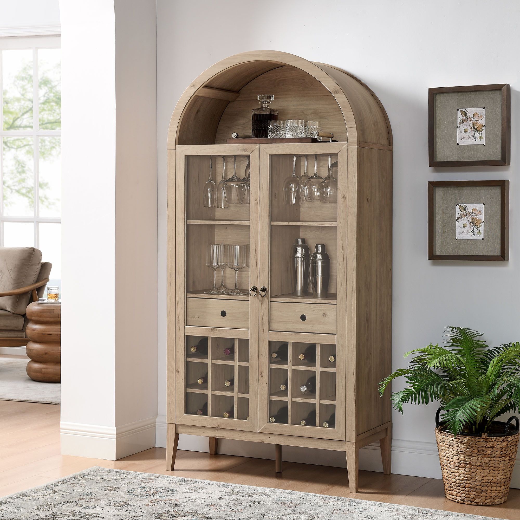 Nolan Light Oak Arched Bar Cabinet with Glass Doors