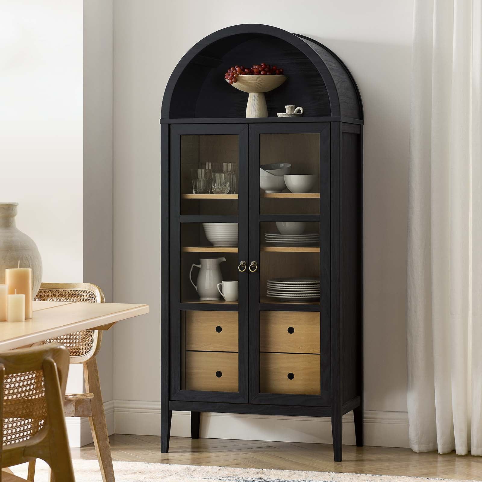 Black and Oak Tall Arched China Cabinet with Glass Doors