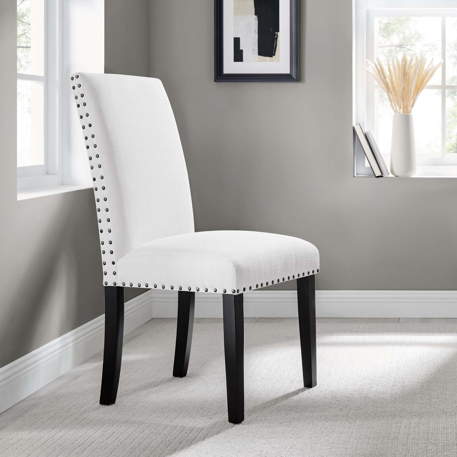 White Upholstered Parsons Side Chair with Nailhead Trim