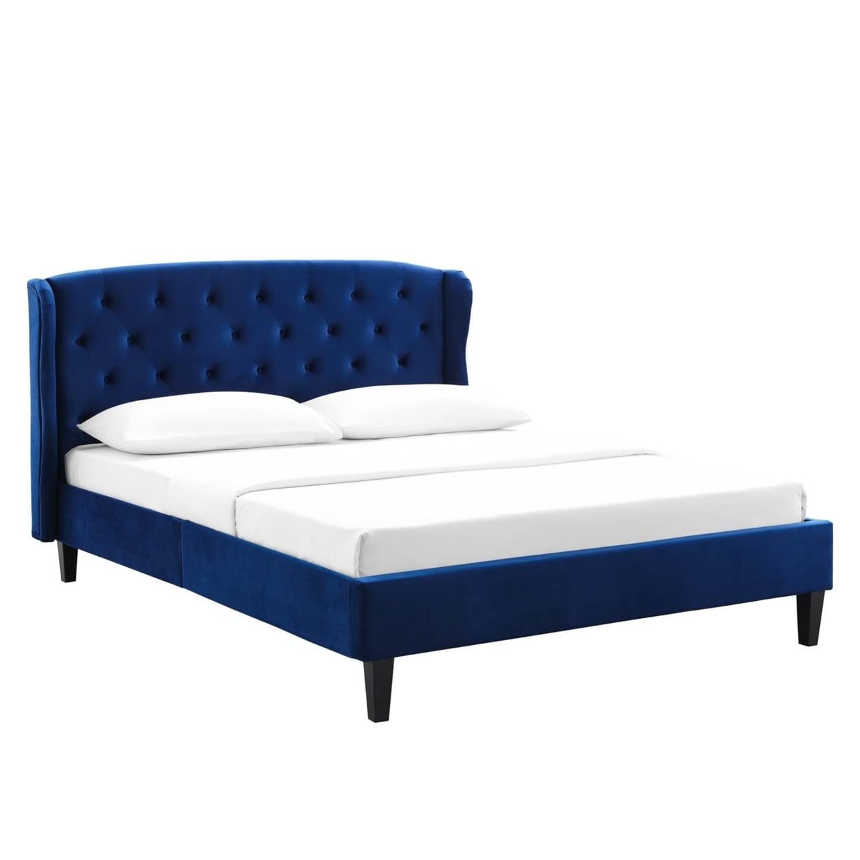 Navy Velvet Tufted Upholstered Queen Bed with Wood Frame