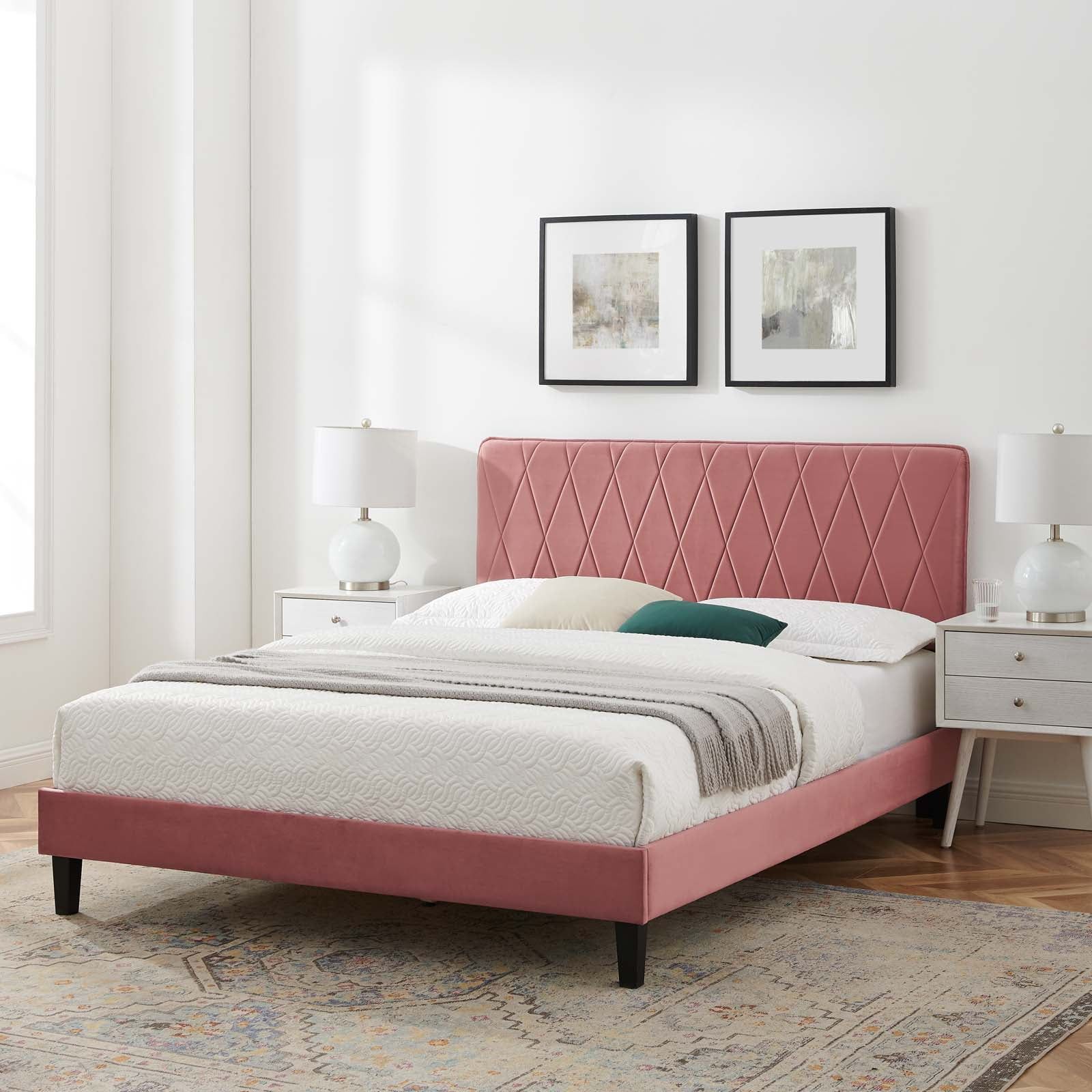 Dusty Rose Velvet Queen Platform Bed with Diamond Headboard