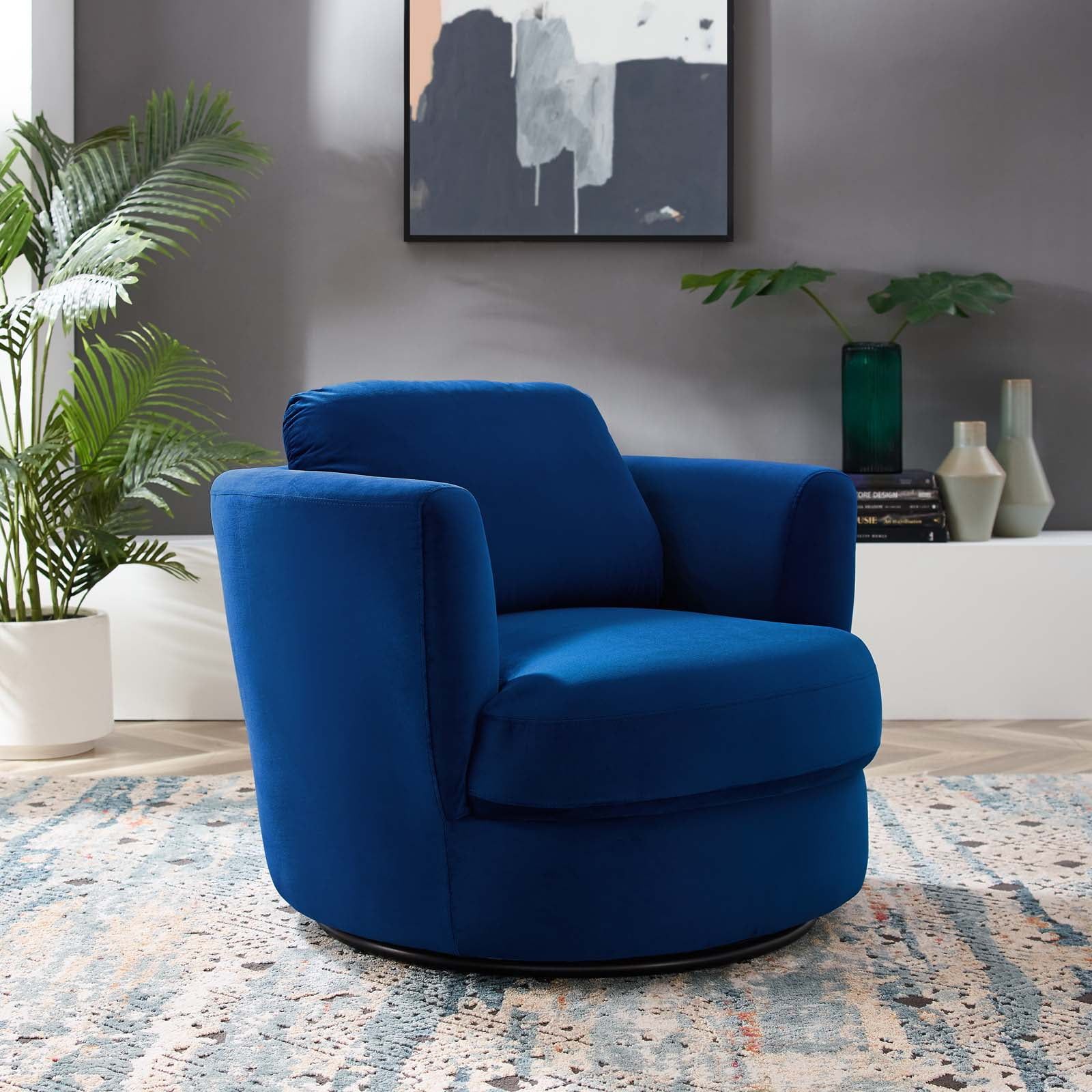 Navy Velvet Swivel Barrel Accent Chair with Wood Base