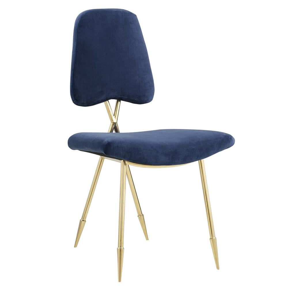 Navy Velvet Upholstered Metal Side Chair with Gold Legs