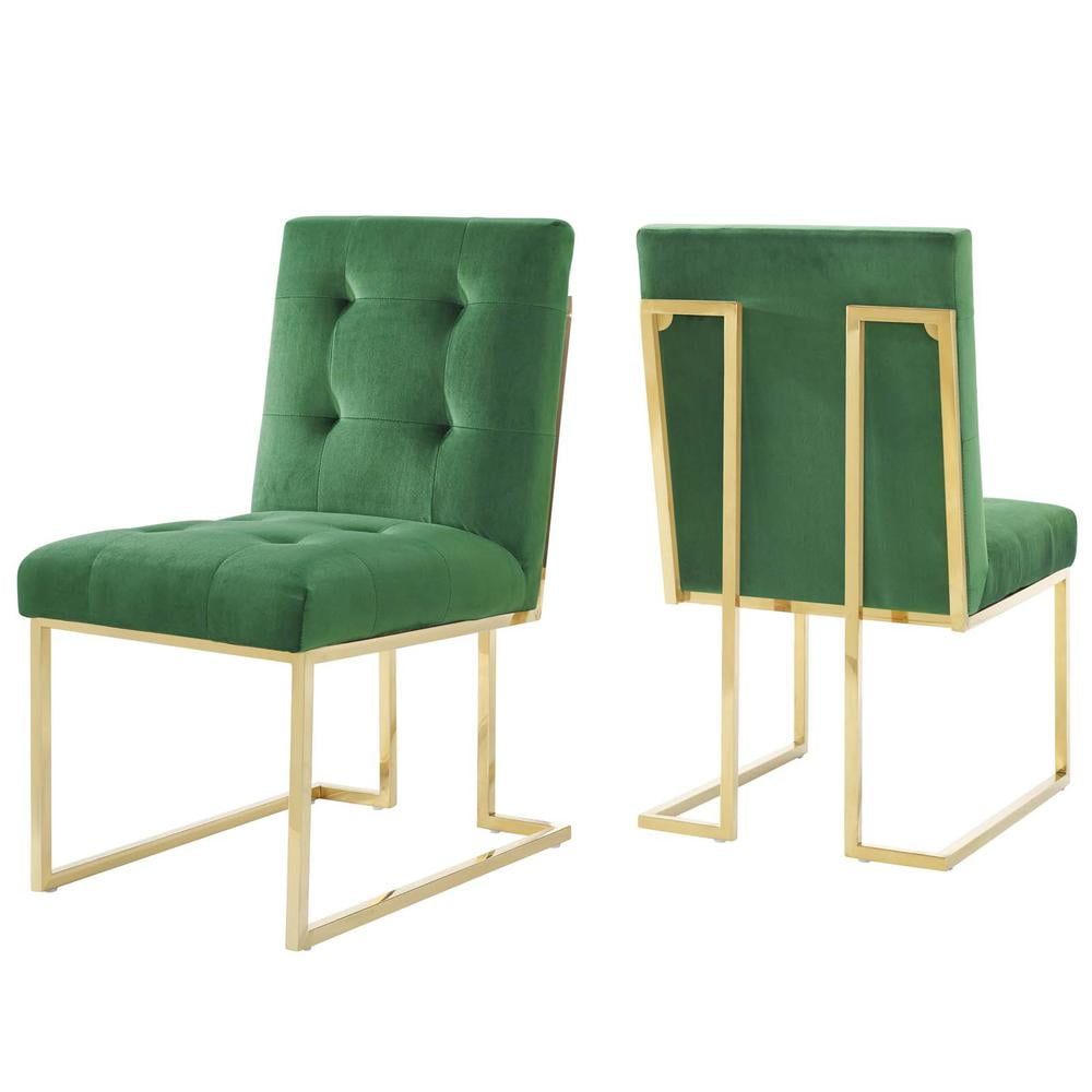 Emerald Green Velvet Upholstered Dining Chairs with Gold Metal Frame, Set of 2