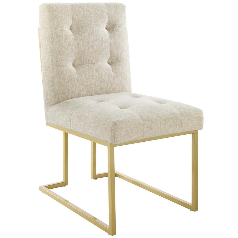 Glam Deco Beige Upholstered Metal Side Chair with Gold Accents