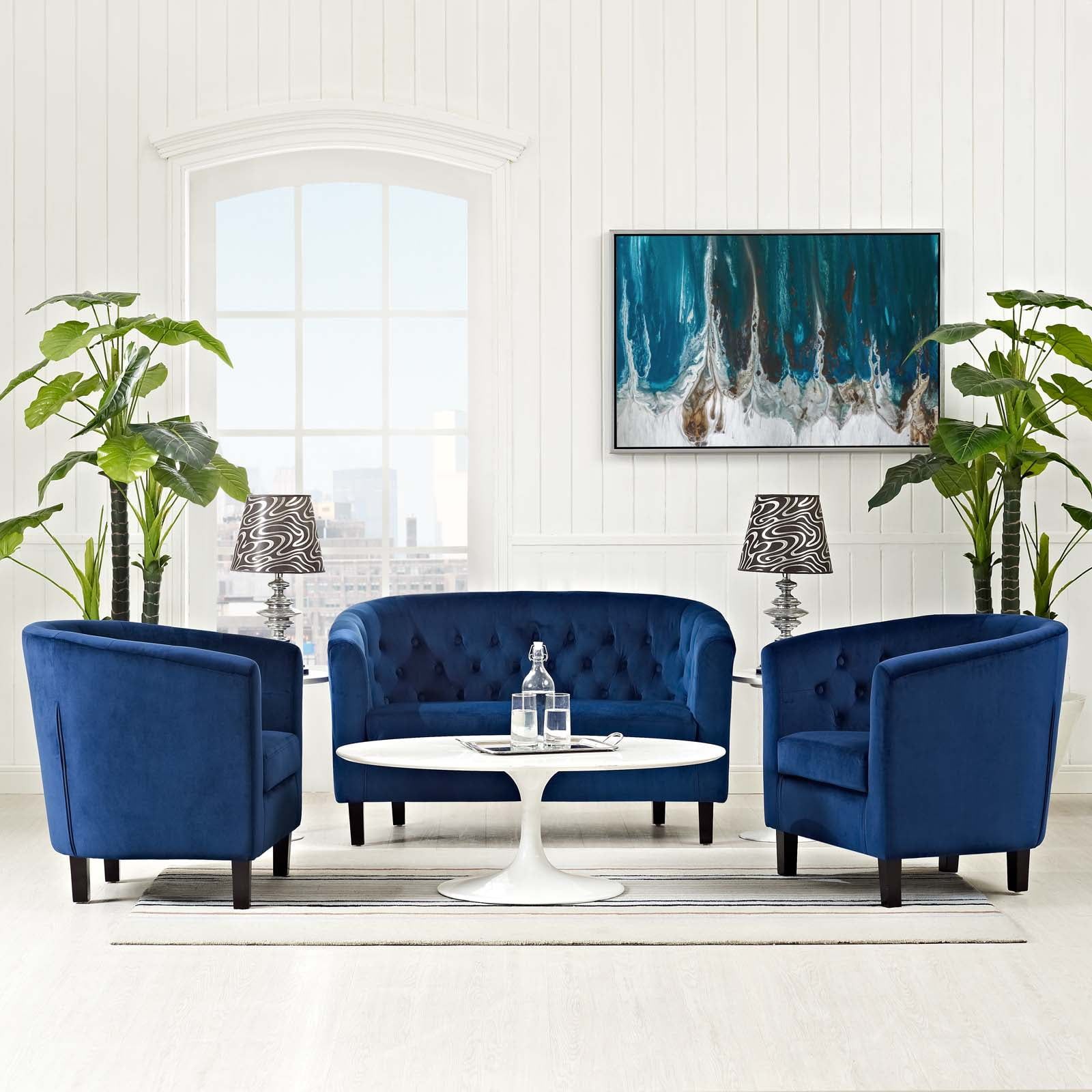 Espresso Navy Velvet Chesterfield Loveseat and Armchair Set