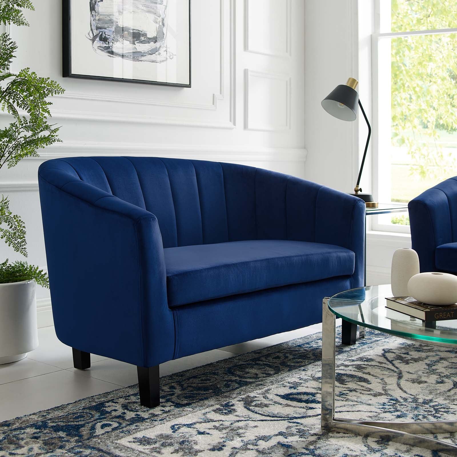 Navy Velvet Barrel Accent Chair in Manufactured Wood