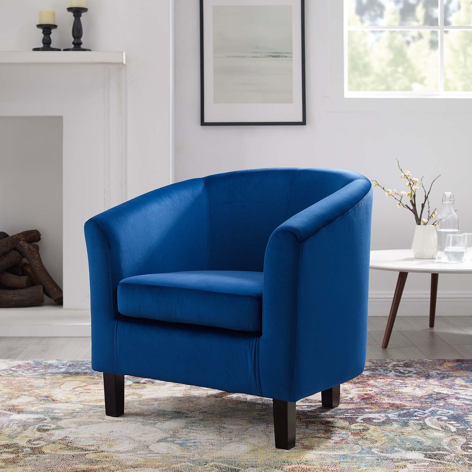 Navy Velvet Barrel Accent Chair with Wood Legs