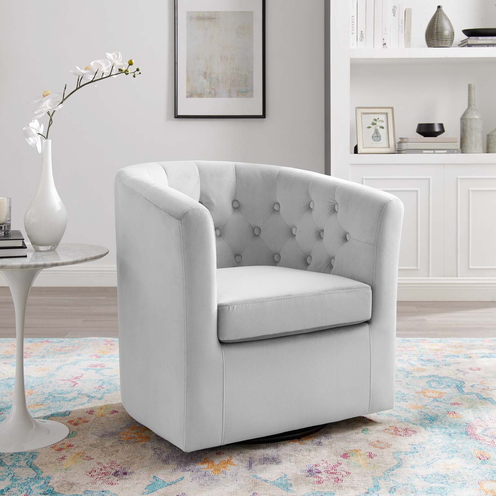 Swivel Barrel Accent Chair in Light Gray Velvet & Manufactured Wood