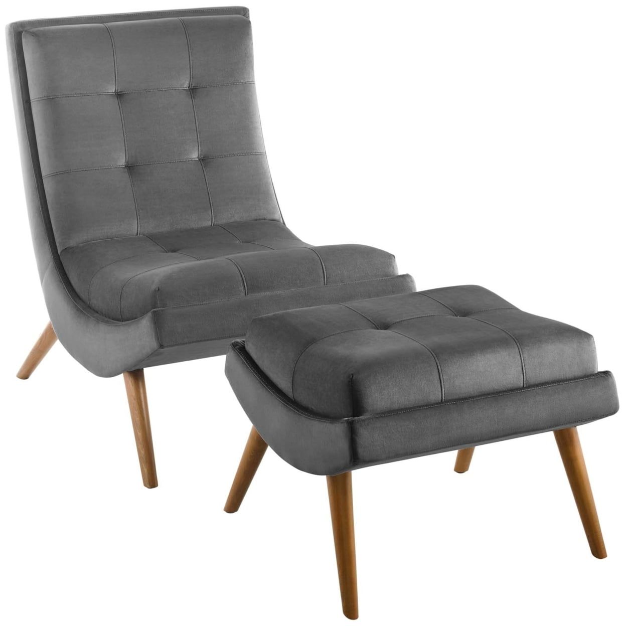 Ramp Modern Gray Velvet Lounge Chair and Ottoman Set