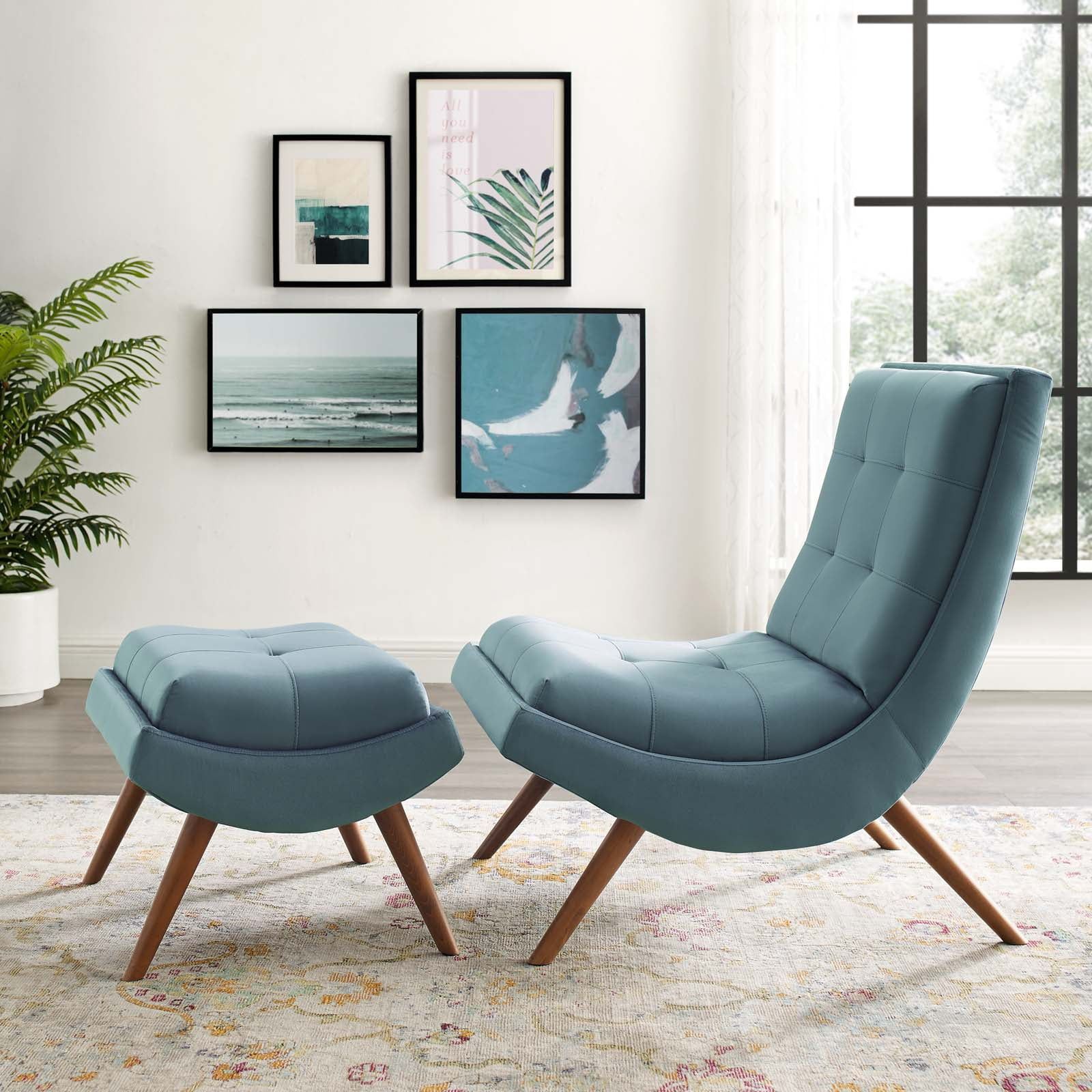 Light Blue Velvet Recliner with Wood Legs