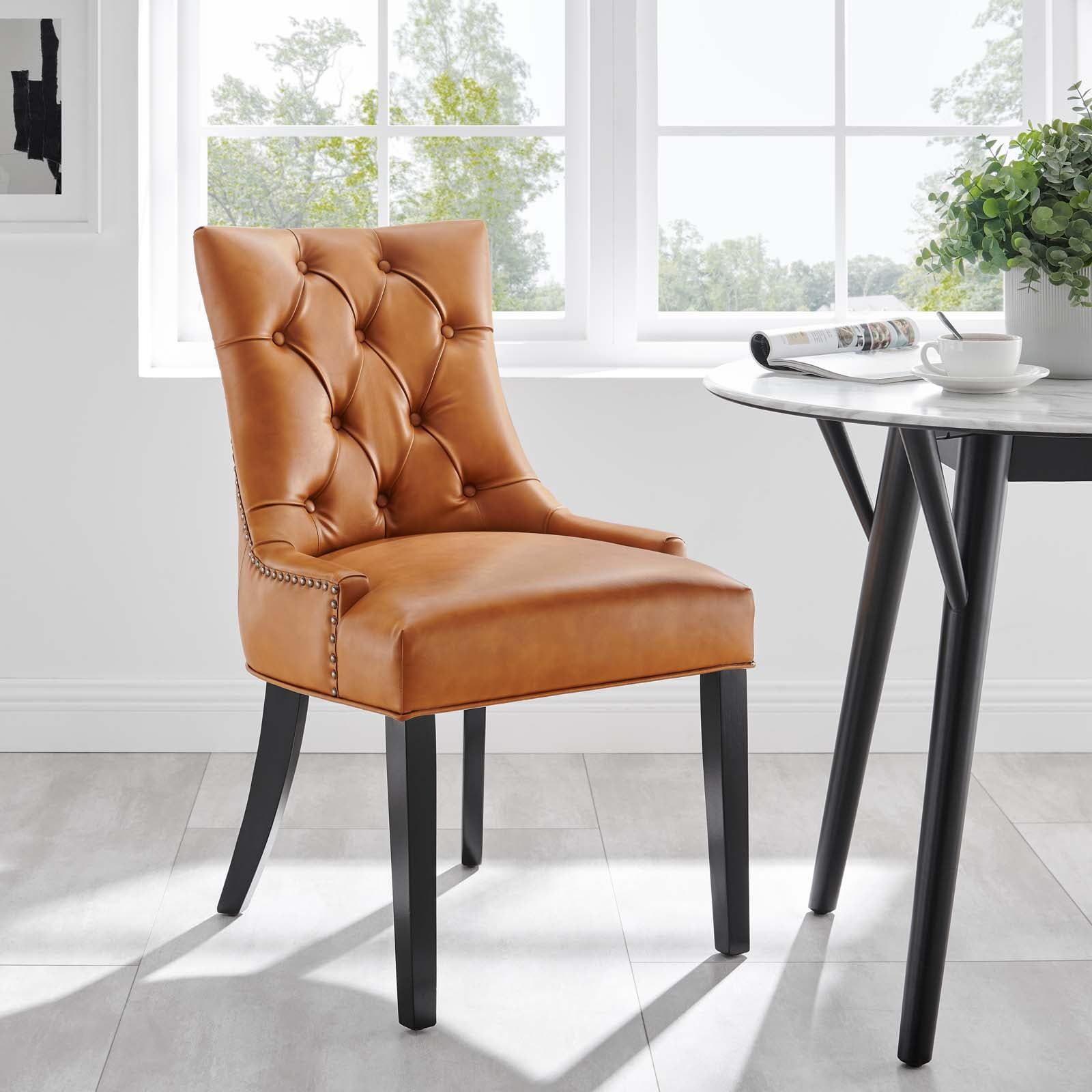 Tan Tufted Vegan Leather Side Chair with Wood Legs