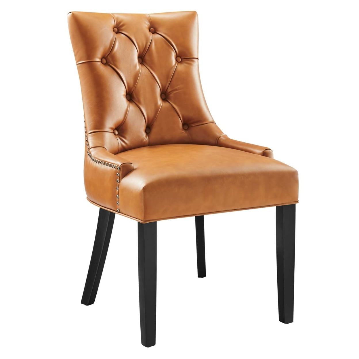 Tan Tufted Vegan Leather Side Chair with Wood Legs