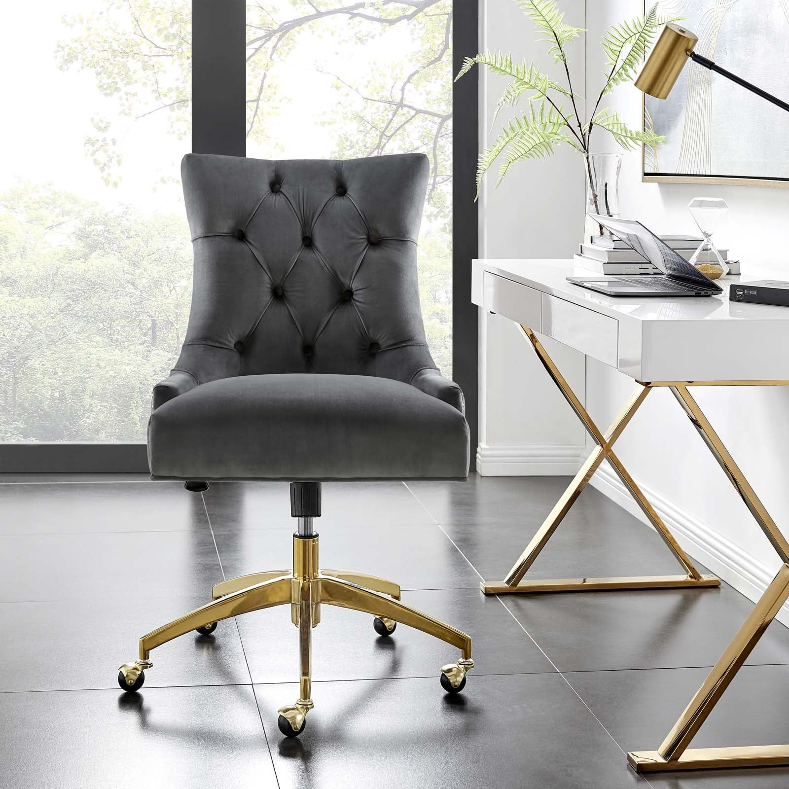 Elegant Gold Gray Tufted Velvet 360 Swivel Task Chair
